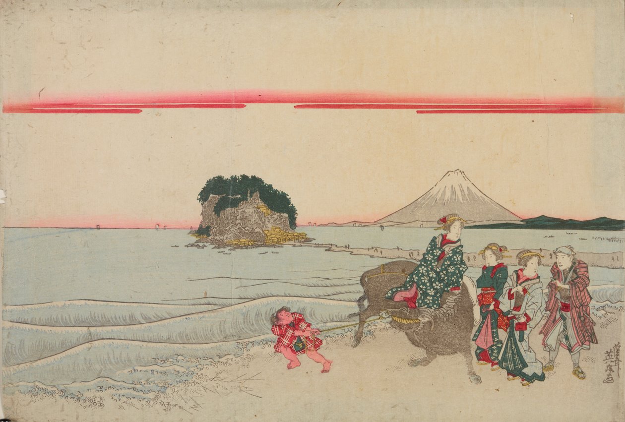 Woman on a Buffalo, Child and Three Passersby by the Sea with Enoshima Island in the Background by Keisai Eisen