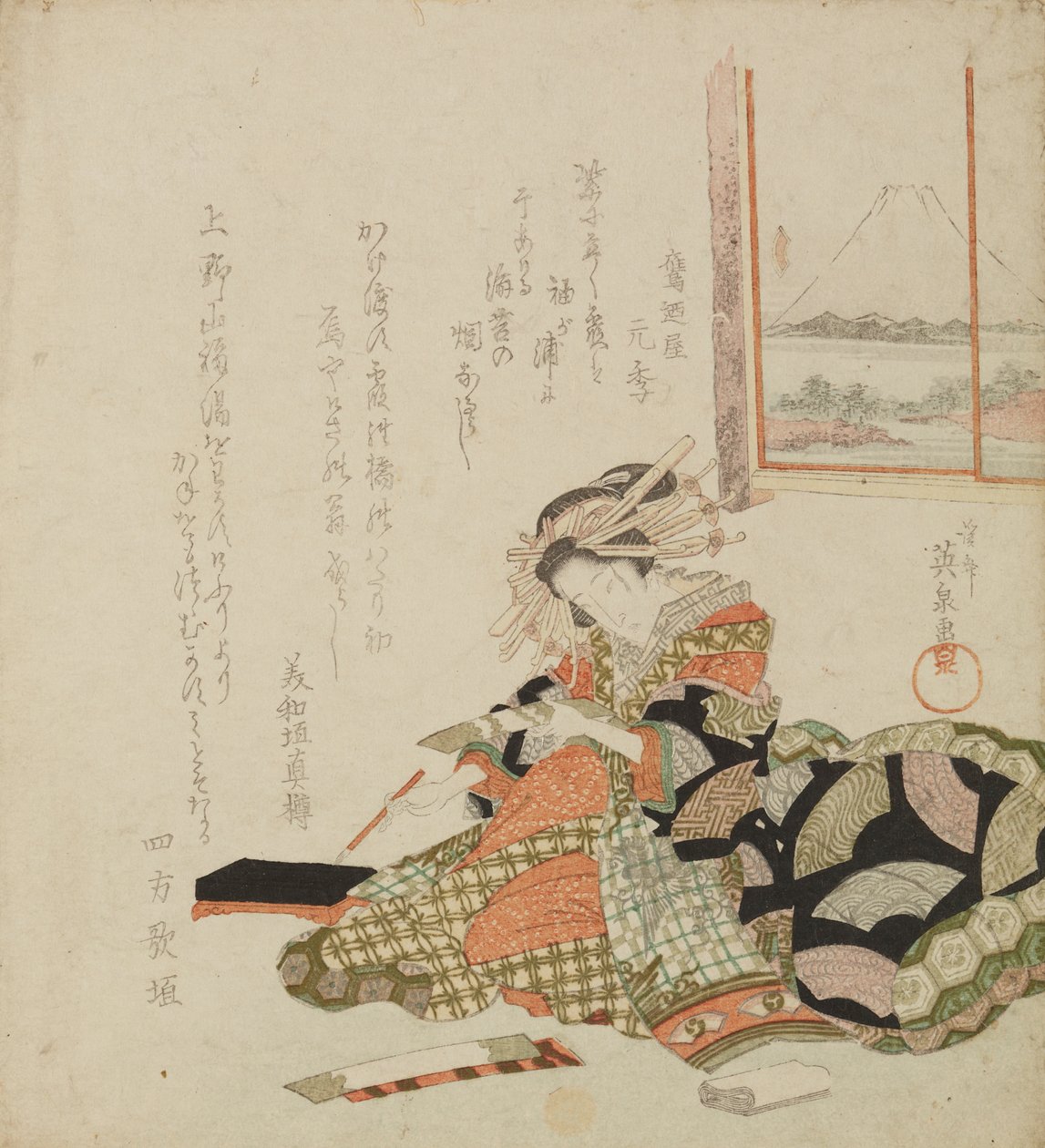 Courtesan Writing on Luxurious Paper / Courtesan Holding Tanzaku by Keisai Eisen
