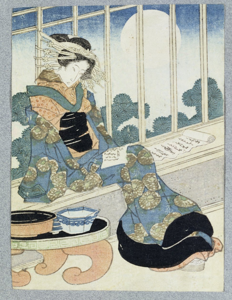 Japanese Lady Reading by Moonlight by Keisai Yeisen