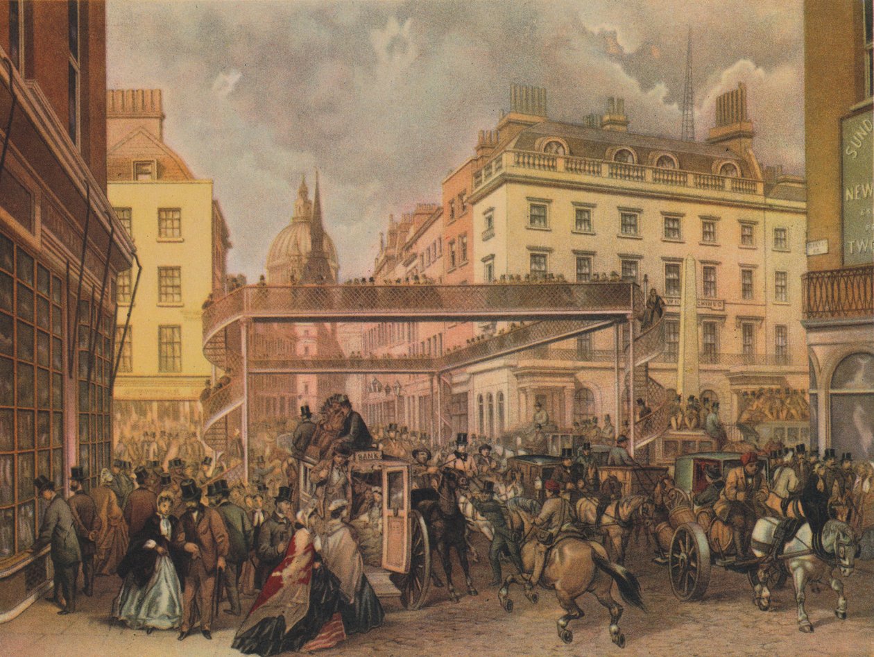 Design for a new footbridge at the crossing Ludgate Hill and Fleet Street, City of London, 1862 by Kell Brothers