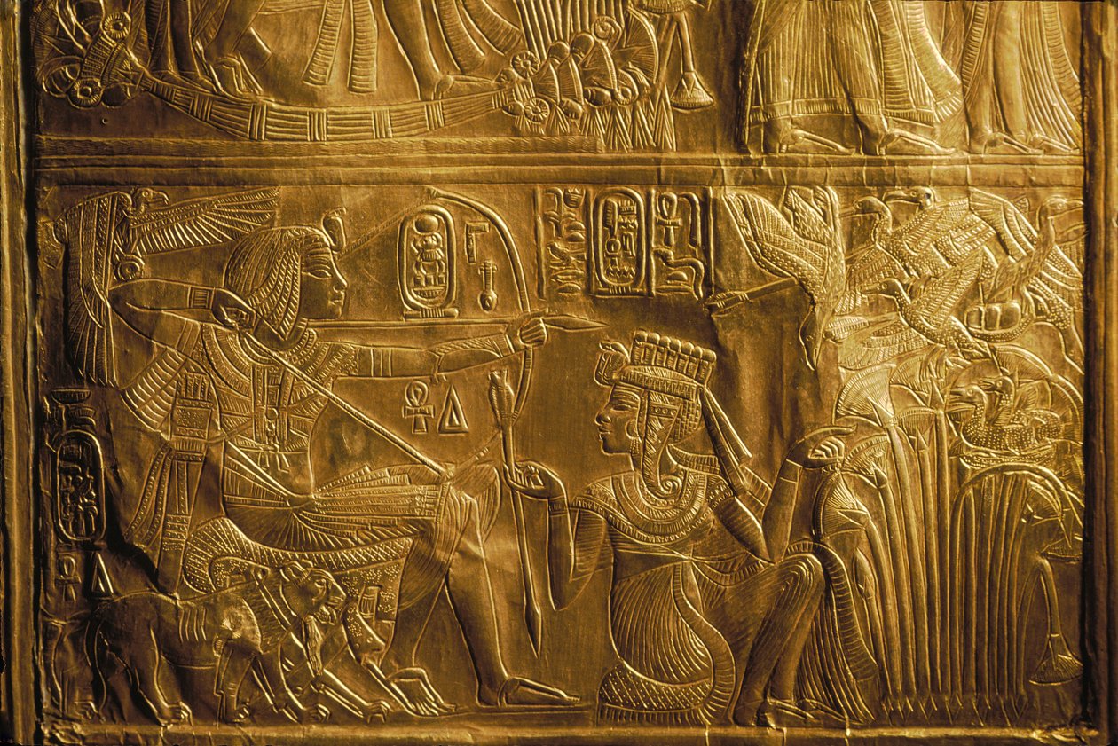 Detail of hunting birds with bow and arrow on Canopic Shrine, gold, King Tutankhamun, 2004 by Kenneth Garrett
