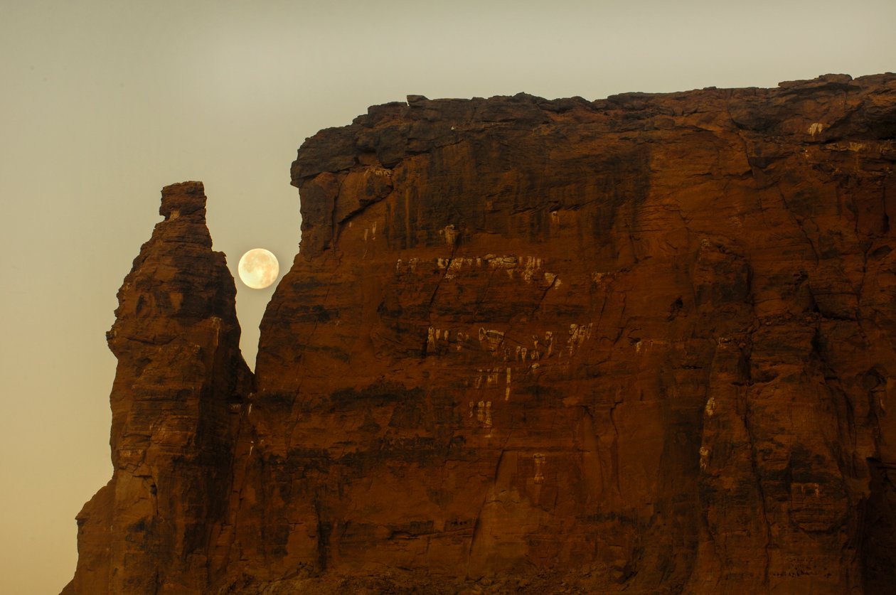 Moonset and sunrise, Temple of Taharka, Ram Gate, Gebel Barkal, Temple Complex, Pharaoh Taharka, 2007 by Kenneth Garrett