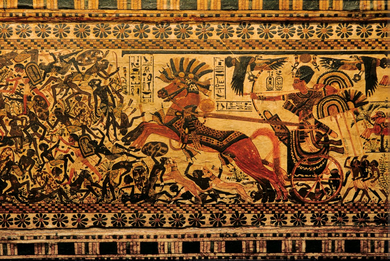 Painted box depicts Tutankhamun as a warrior on chariot chasing Nubians ...