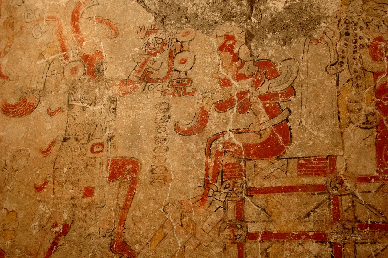 Priest crowning the king on the accession throne, Early Pre-classic mural, Maya by Kenneth Garrett
