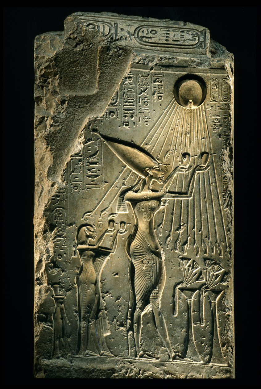 Stele depicts Akhenaten, Nefertiti and daughter with hands raised to god Aten, Amarna by Kenneth Garrett