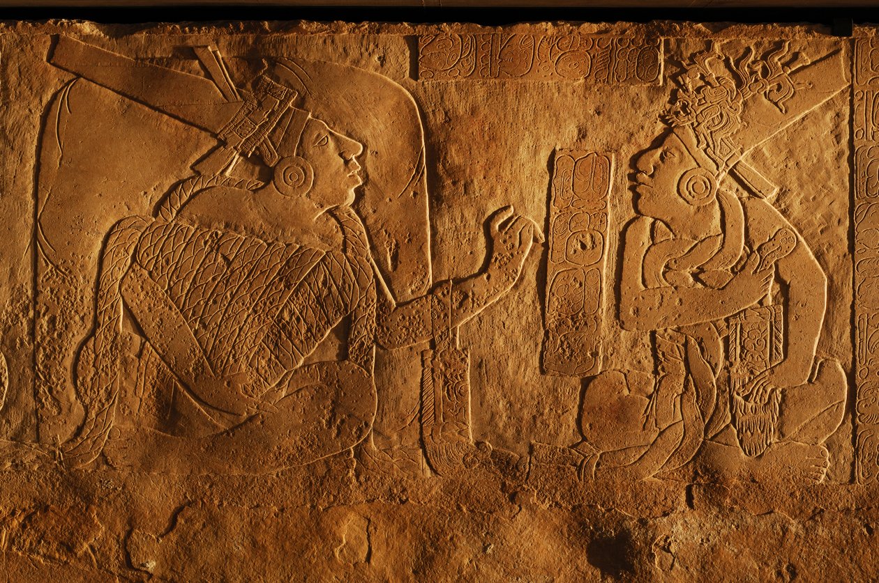 Temple 19 throne bench, Palenque, Mexico, carving of Akhal Mo Nab, 2005 by Kenneth Garrett