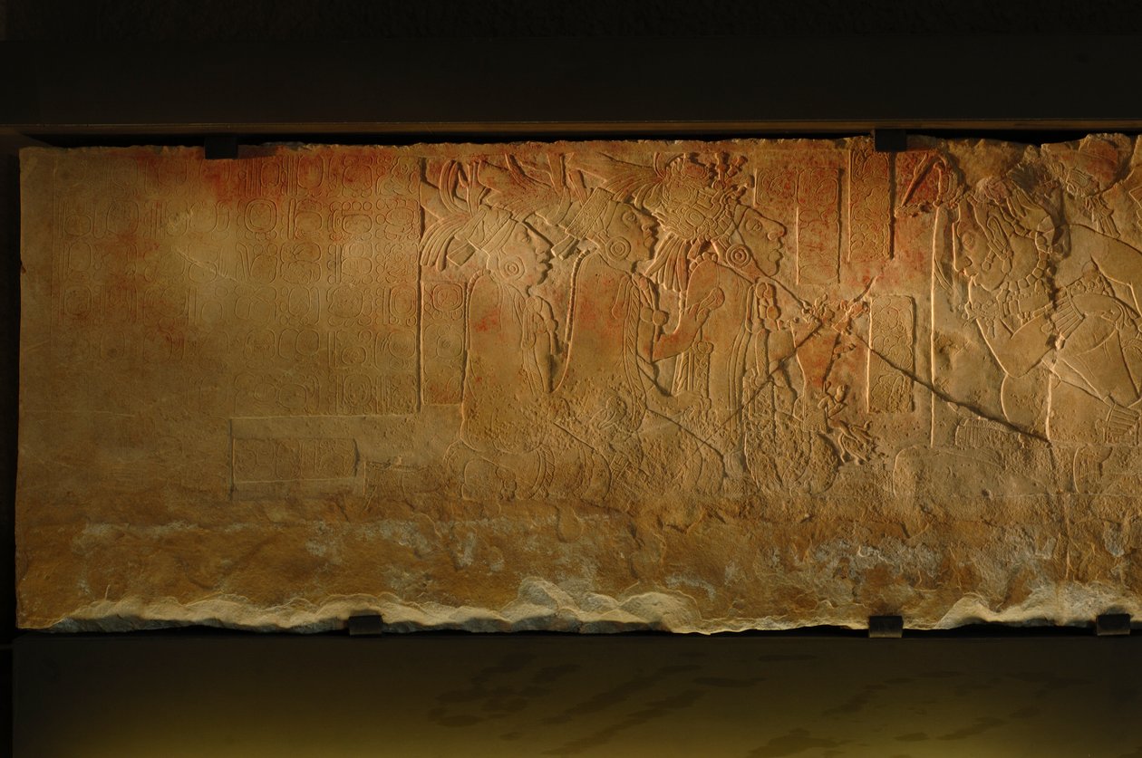Temple 19 throne bench, Palenque, Mexico, carving of Akhal Mo Nab, 2005 by Kenneth Garrett