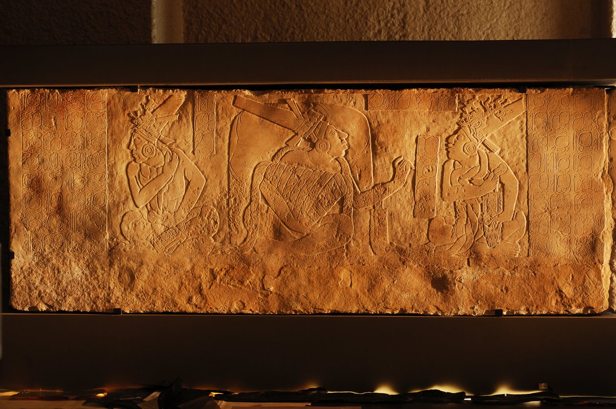 Temple 19 throne bench, Palenque, Mexico, carving of Akhal Mo Nab by Kenneth Garrett