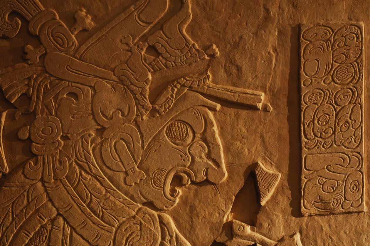 Temple 21 throne bench, carving of king Akhal Mo Nab, Palenque, Mexico, 2005 by Kenneth Garrett