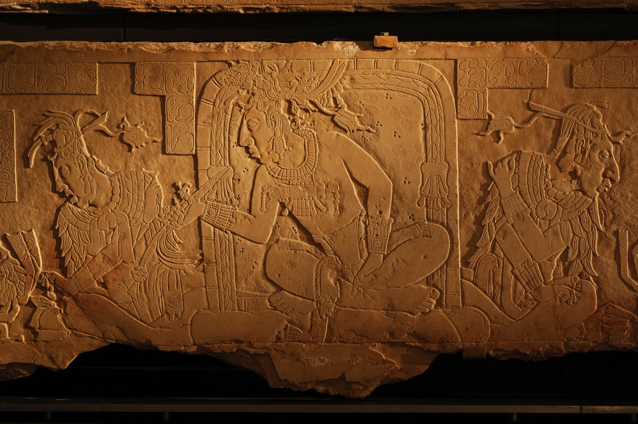 Temple 21 throne bench, carving of king Akhal Mo Nab, Palenque, Mexico, 2005 by Kenneth Garrett