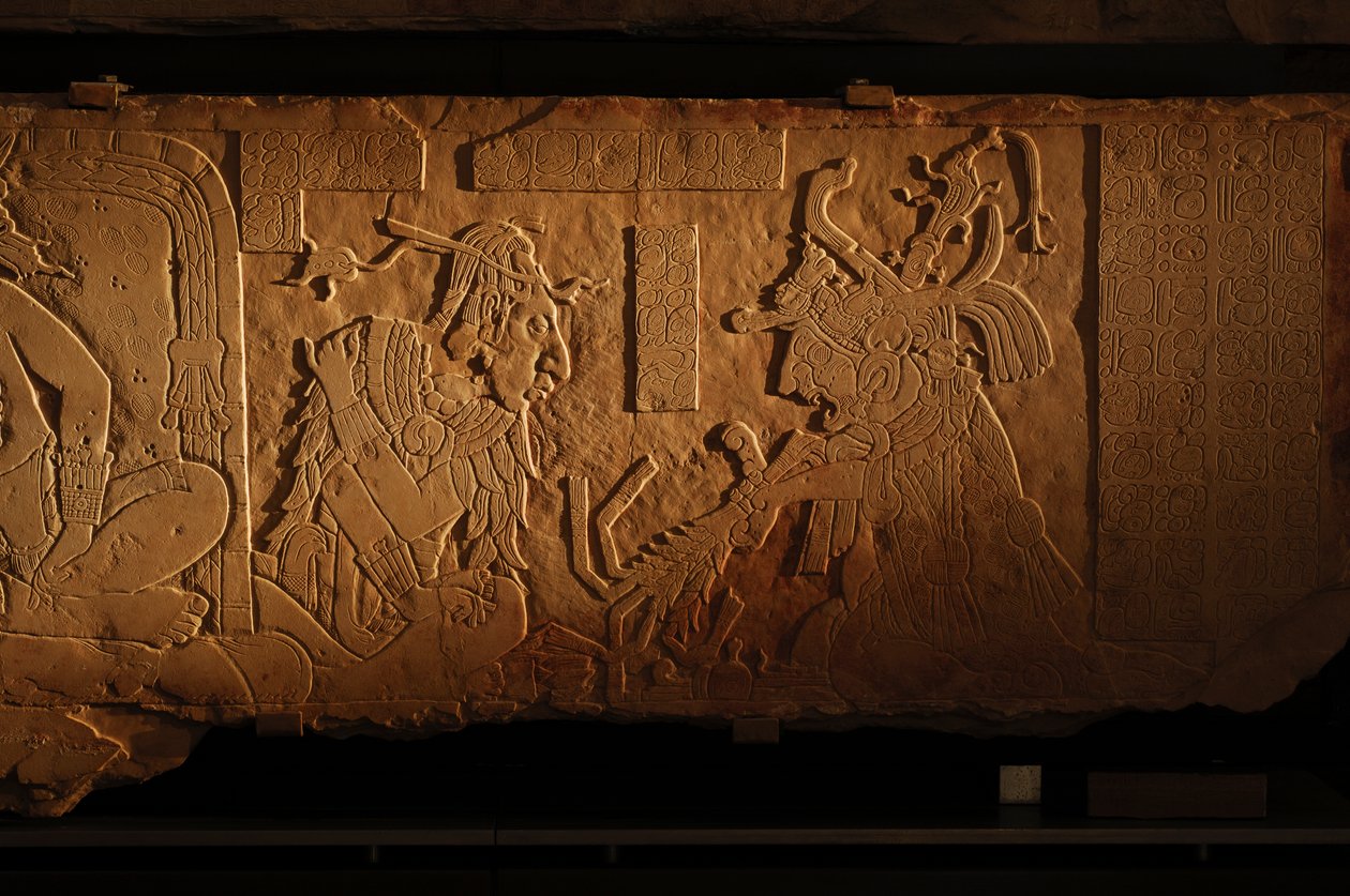 Temple 21 throne bench, carving of king Akhal Mo Nab, Palenque, Mexico, 2005 by Kenneth Garrett