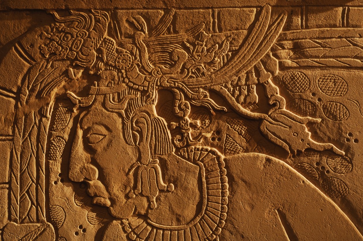 Temple 21 throne bench, carving of King Akhal Mo Nab, Palenque, Mexico, 2005 (photo) by Kenneth Garrett