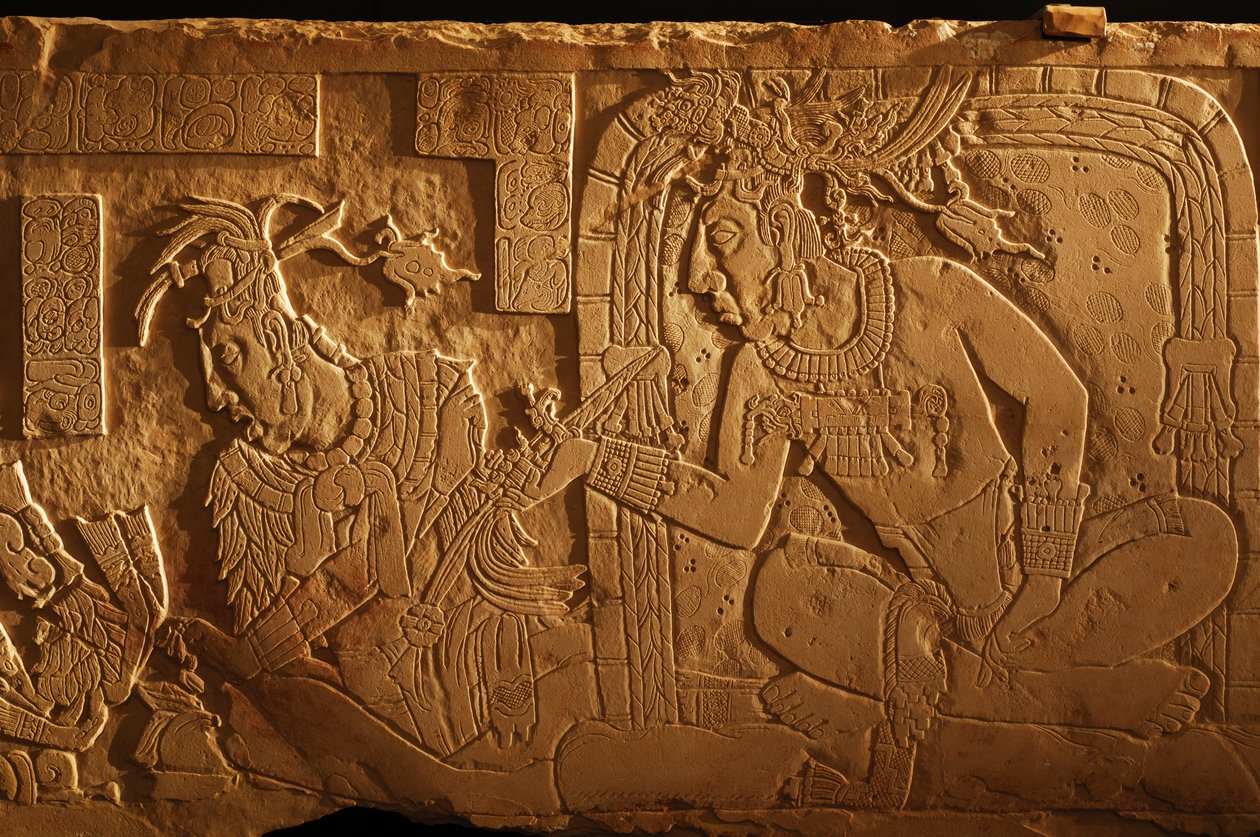 Temple 21 throne bench, carving of King Akhal Mo Nab, Palenque, Mexico, 2005 (photo) by Kenneth Garrett