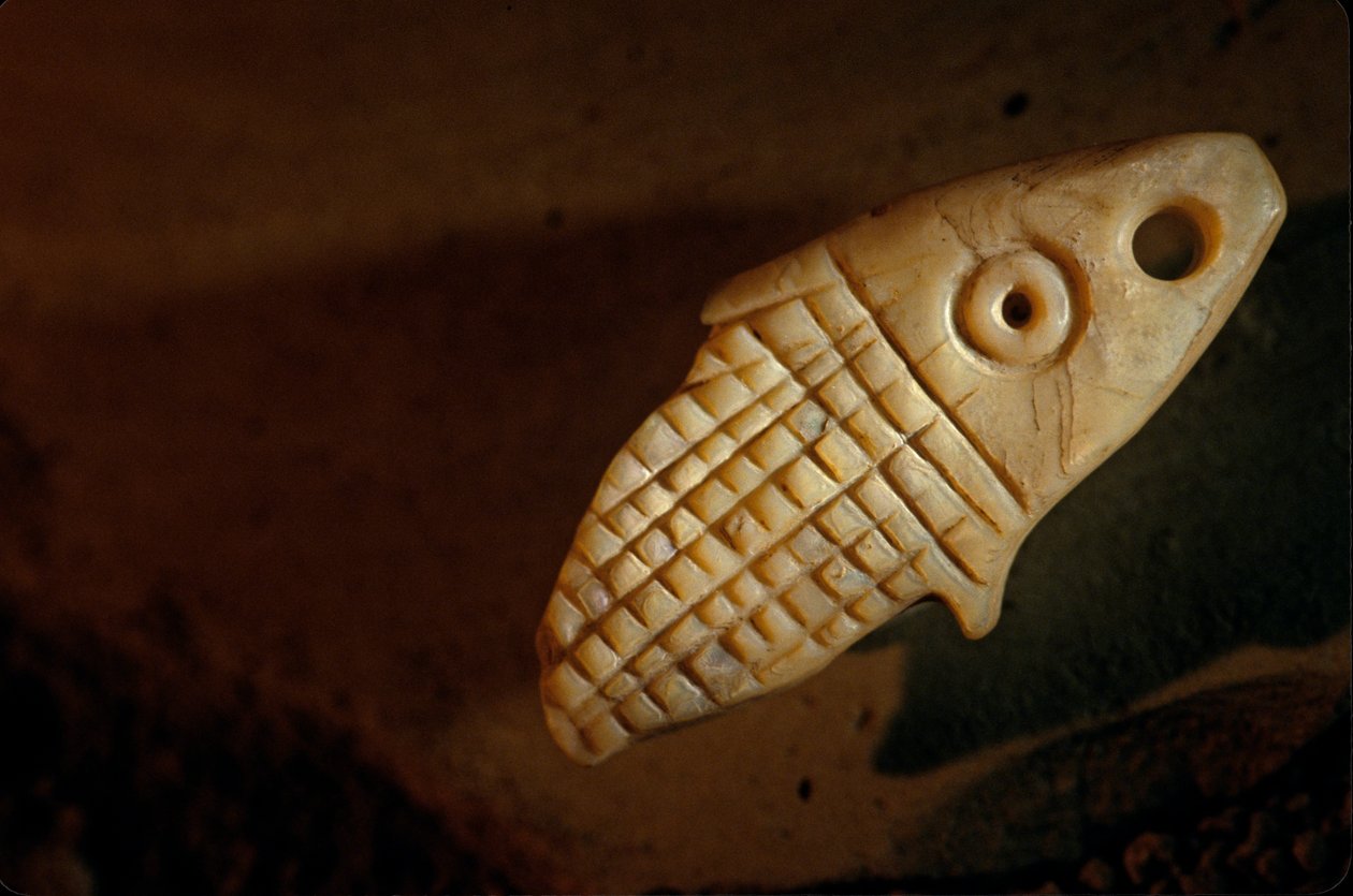 Urkesh, Hurrian Empire, Syria, 2400 BC, Giorgio Buccellati, mother of pearl fish, 2004 by Kenneth Garrett