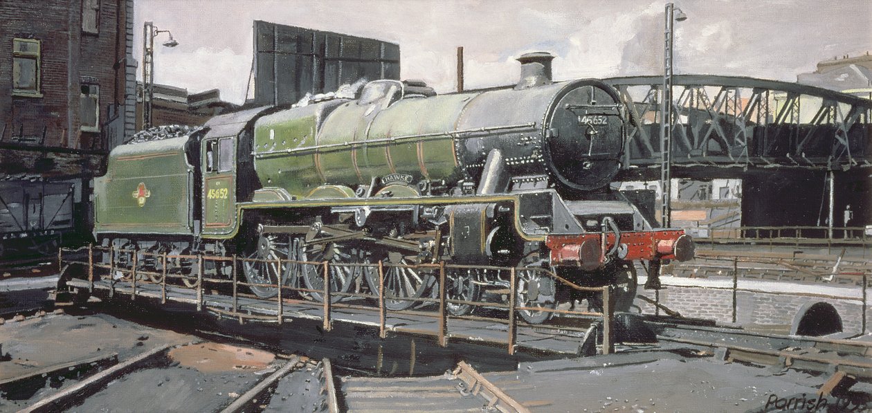 Jubilee Turnaround, Hawke 45652 Jubilee Class Locomotive on Camden turntable, London by Kevin Guild of Railway Artist Parrish