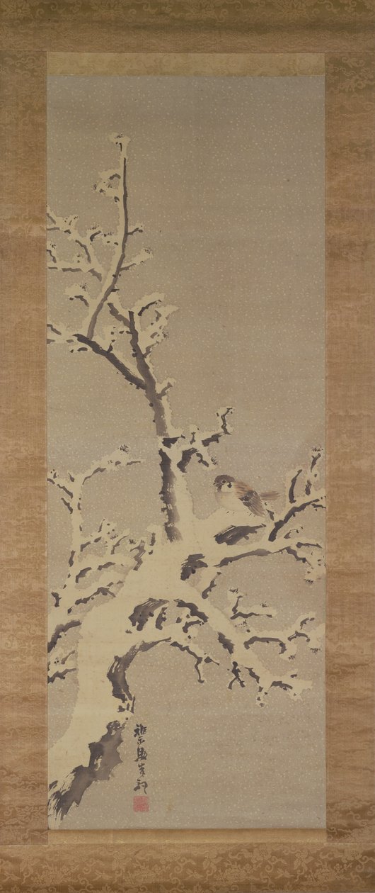 Sparrow on a Tree in a Snowstorm, c.1800 by Kishi Ganku