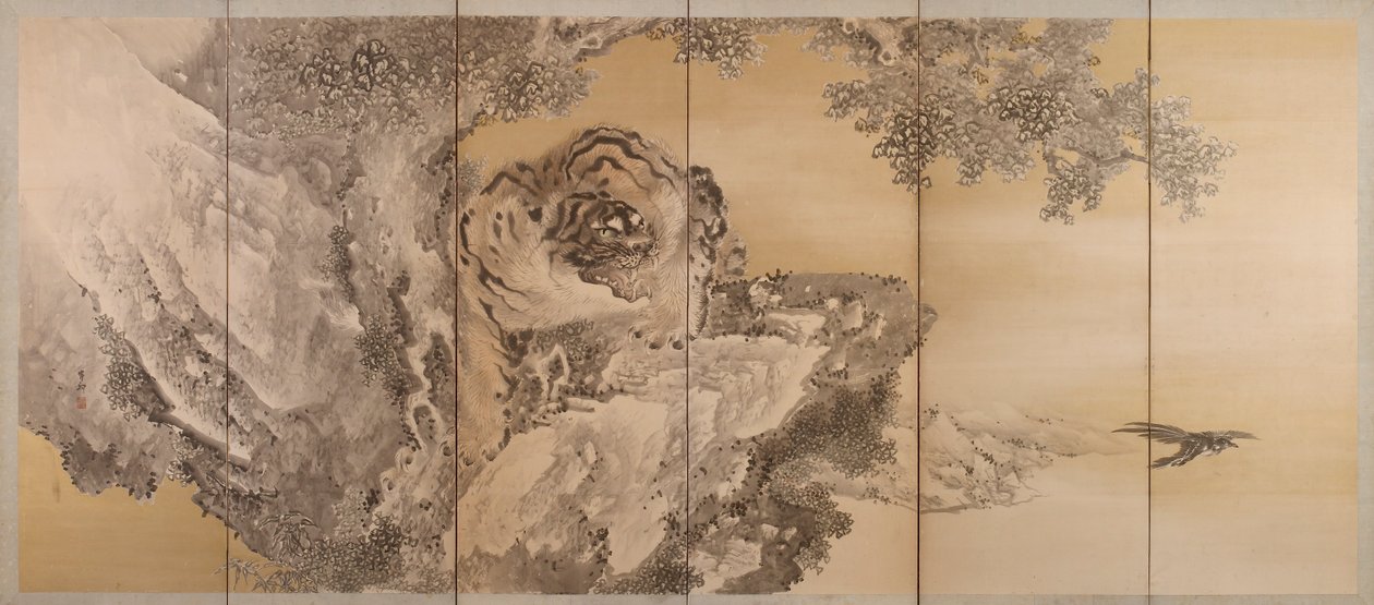 Six-Fold Screen Depicting a Roaring Tiger by Kishi Ganku