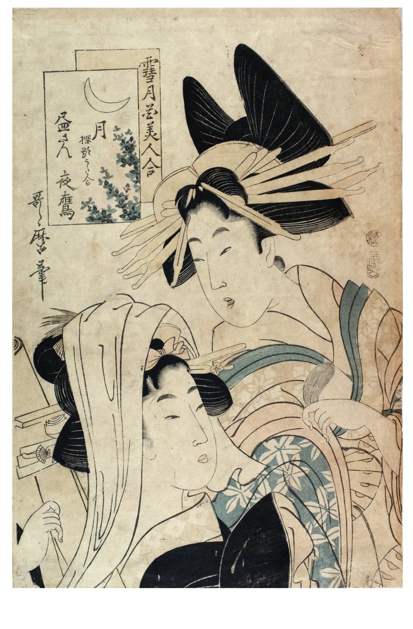 Moon from the series Snow, Moon and Flowers compared to Beautiful Women by Kitagawa II Utamaro