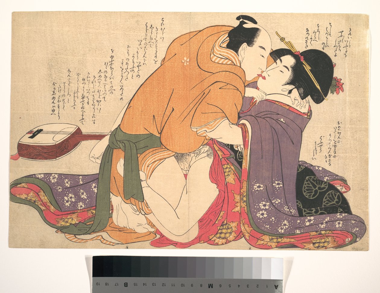 A couple making love beside a shamisen, a leaf from Unravelling the Threads of Desire by Kitagawa Utamaro
