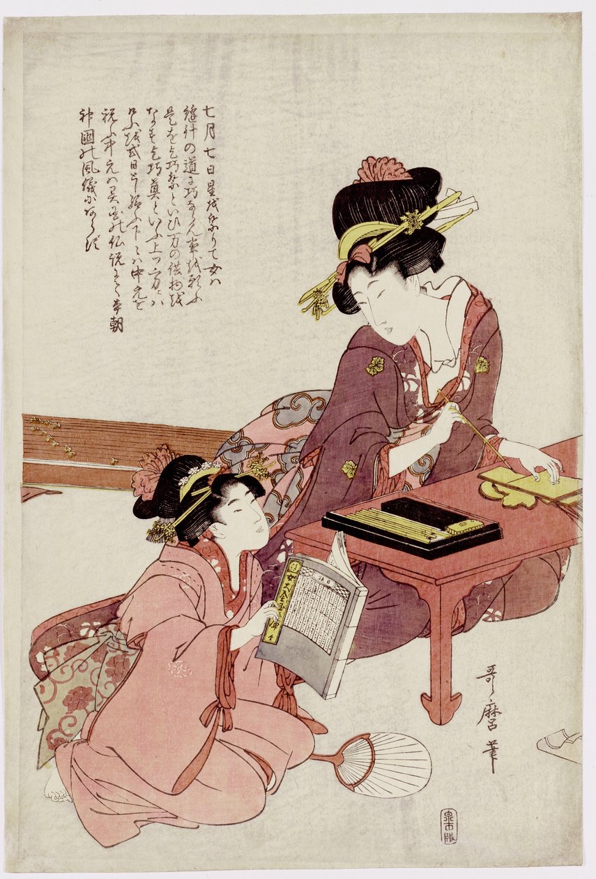 A Young Woman Seated at a Desk, Writing, a Girl with a Book Looks On by Kitagawa Utamaro