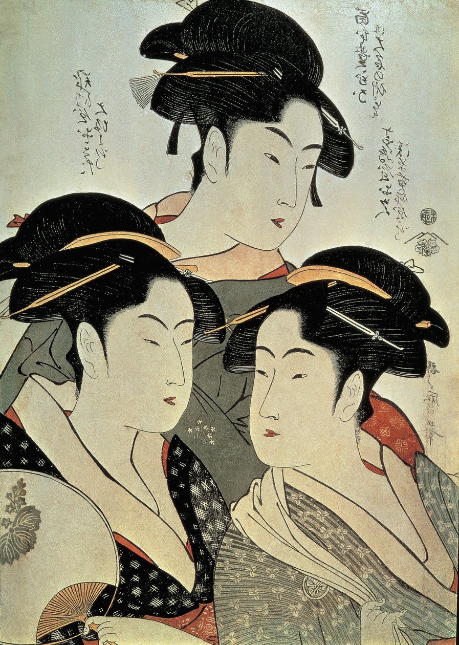 Close-up of a painting of three women, Kansei era, Japan by Kitagawa Utamaro