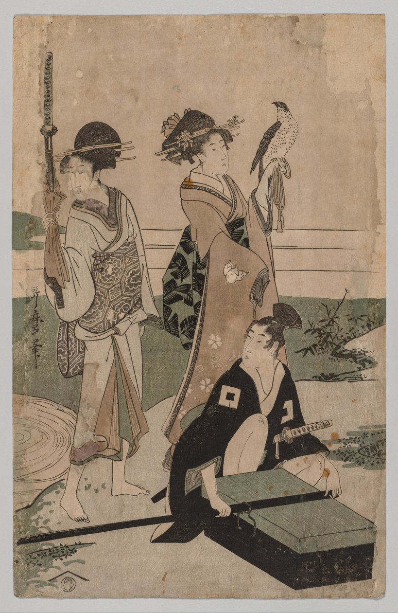 Daimyo and his Retinue Crossing a Stream in Plain Near Fuji by Kitagawa Utamaro