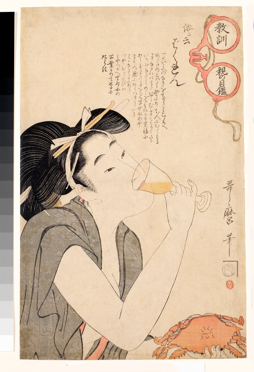Debauched Woman Drinking a Glass of Wine (Series: Through the Moralizing Glasses of Parents) by Kitagawa Utamaro