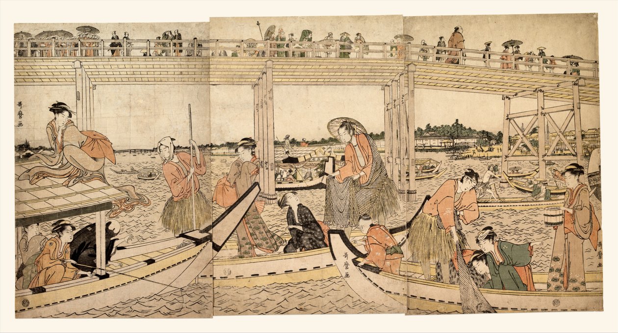 Fishing Boats with Nets under Ryōgoku Bridge by Kitagawa Utamaro