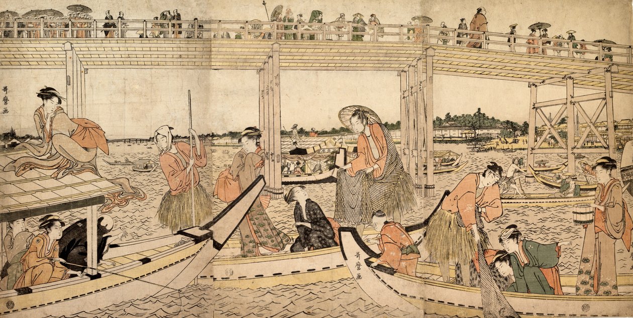 Fishing Boats with Nets under Ryogoku Bridge by Kitagawa Utamaro