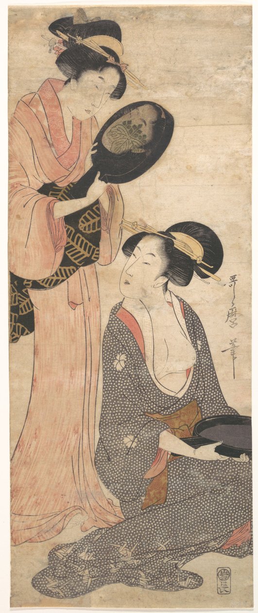 Two Ladies, Each with a Portion of a Lacquered Mirror by Kitagawa Utamaro