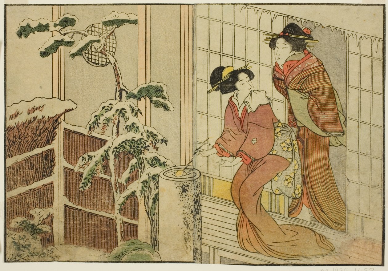 Two Women on Verandah on a Snowy Morning, from the illustrated book "Picture Book: Flowers of the Four Seasons," vol. 2 by Kitagawa Utamaro