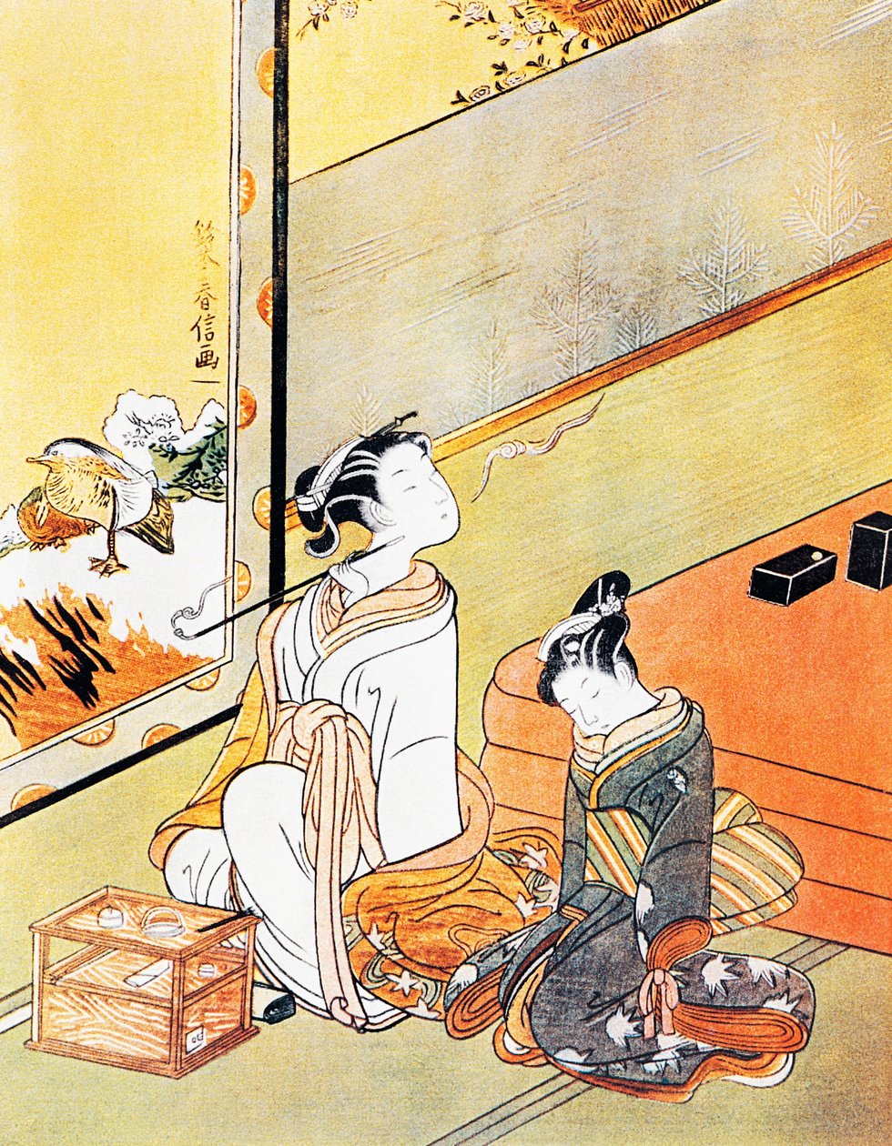 Woman smoking pipe, ukiyo-e art print, Tosa school by Kitagawa Utamaro