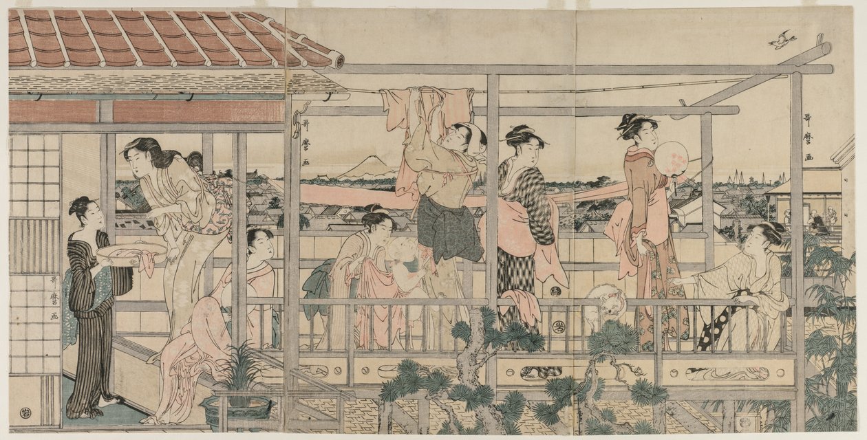 Women Hanging Laundry to Dry on a Balcony, early 1790s by Kitagawa Utamaro