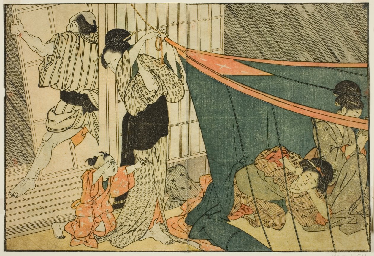 Women Inside a Mosquito Net During a Thunderstorm, from the illustrated book "Picture Book: Flowers of the Four Seasons," vol. 1 by Kitagawa Utamaro