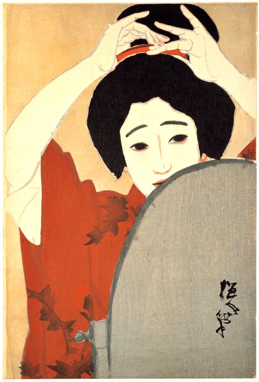 Woman Adjusting Her Hair in Front of the Mirror, 1930 by Kitano Tsunetoni