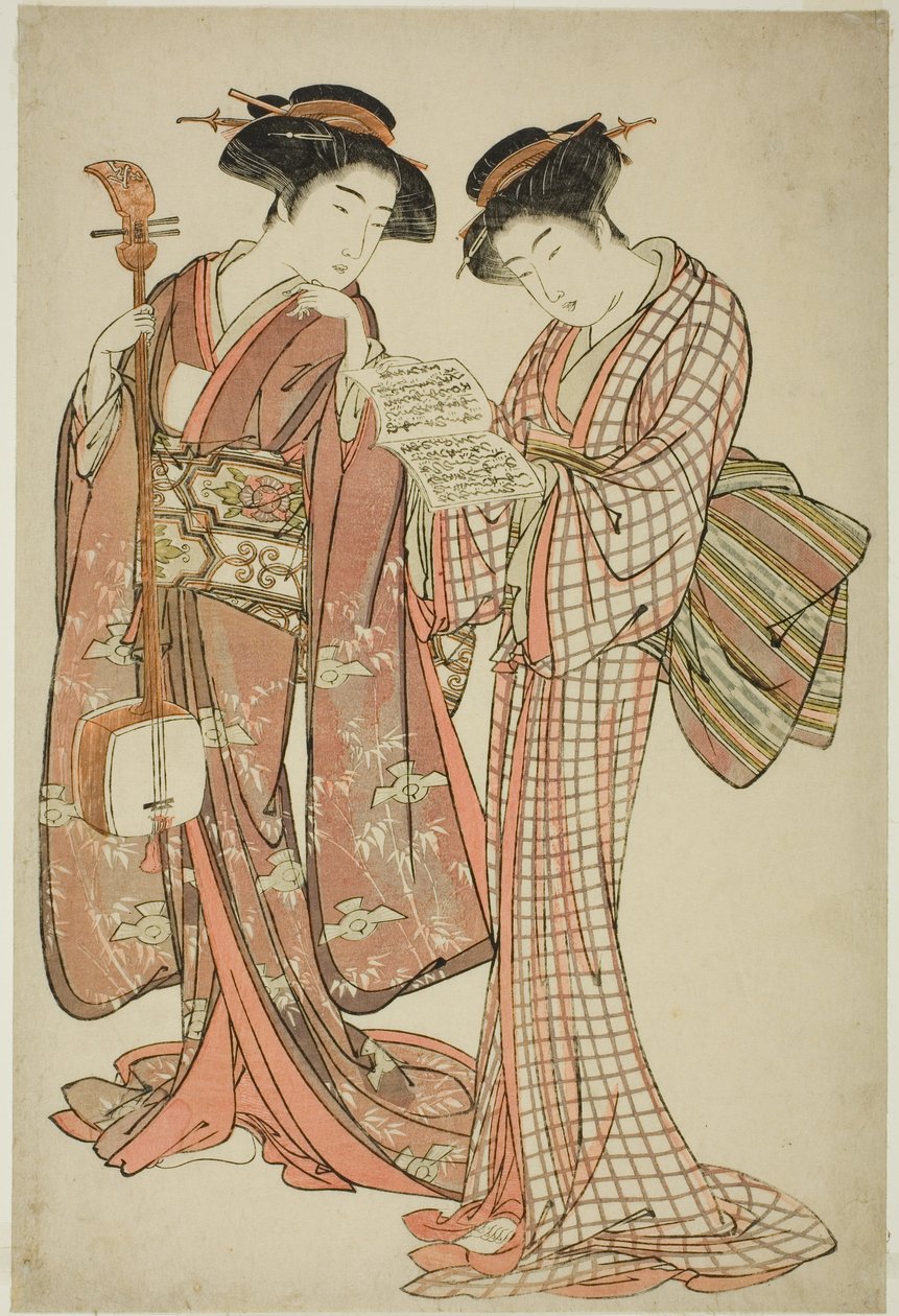 Two Geisha Holding a Shamisen and a Song Book by Kitao Shigemasa