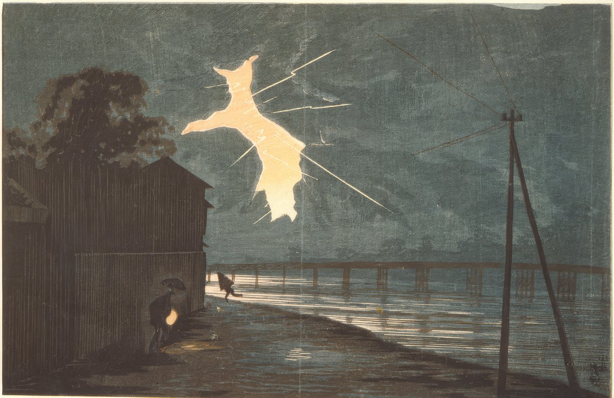 Thunder and Lightning over the Onmaya Bridge by Kiyochika Kobayashi