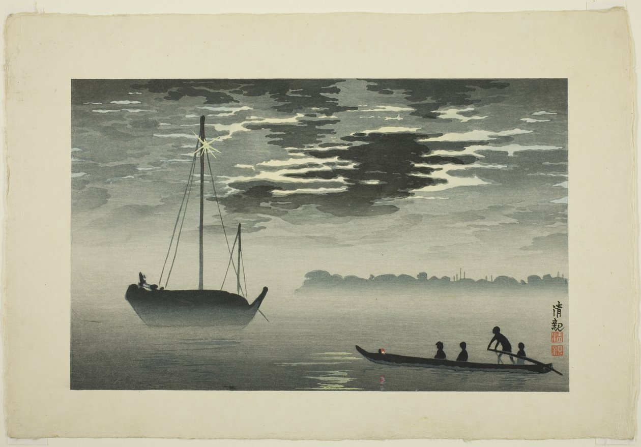 Moonlight through the Clouds off the Haneda Coast by Kobayashi Kiyochika