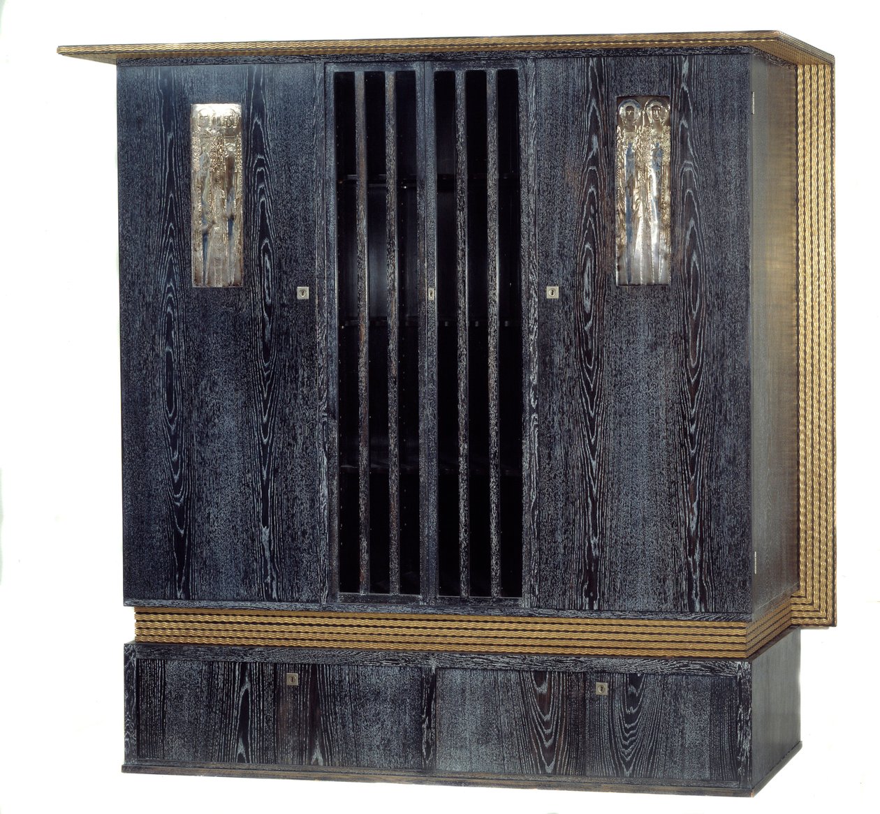 Furniture: Wardrobe with Music in Black Varnished Oak, Gold Wood, Silver Metal and Glass Made by Koloman Moser by Koloman Moser