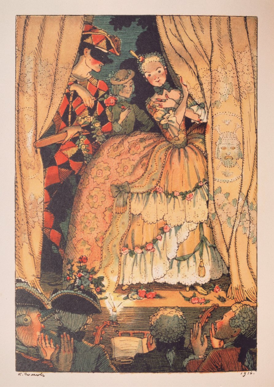 Illustration for the Book of Marquise by Franz Blei (a marquise lifting a theater curtain, with Harlequin by her side) by Konstantin Andreevic Somov