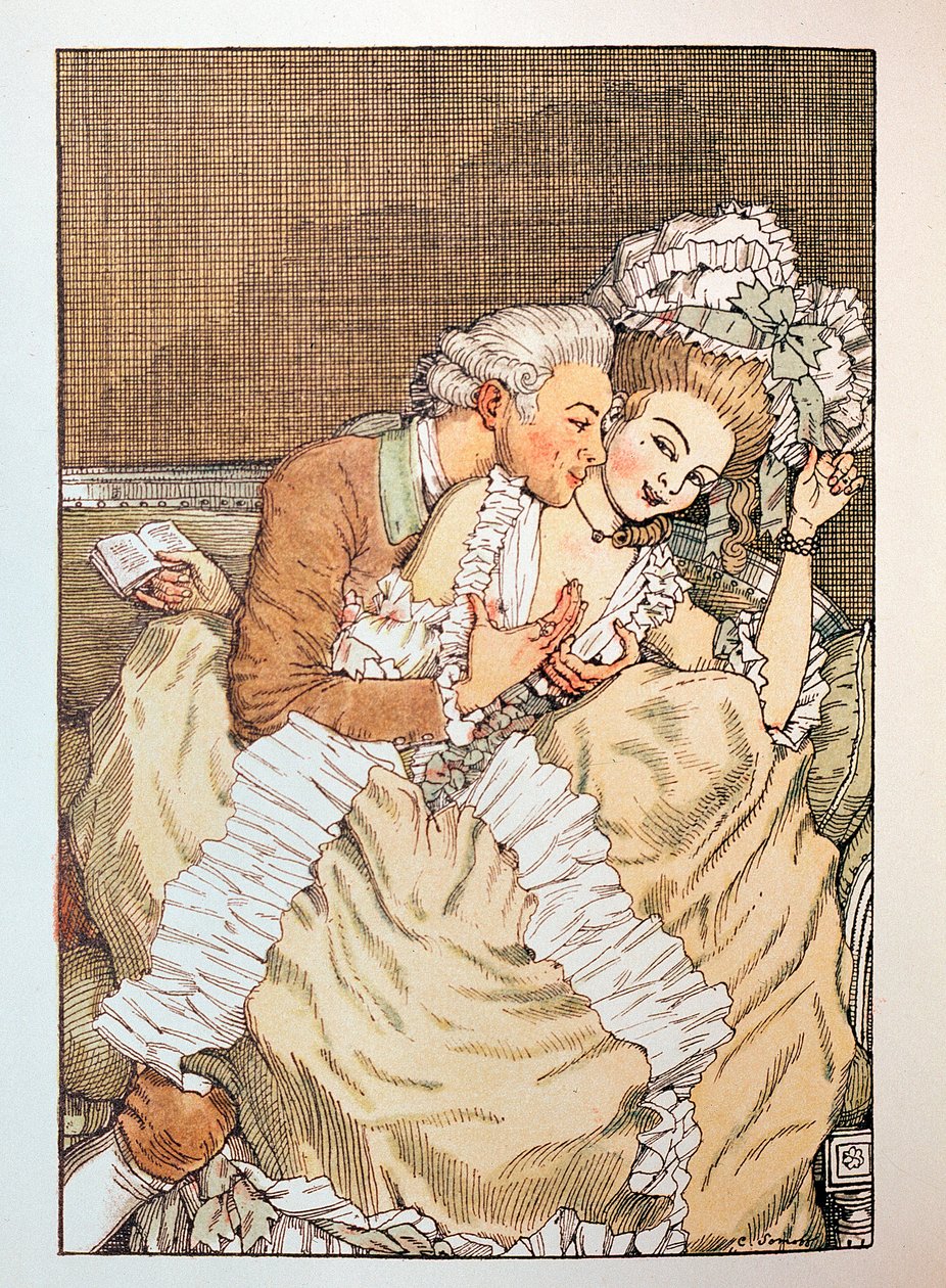 Illustration for the Book of Marquise by Franz Blei (a marquise flirting with an impatient lover) by Konstantin Andreevic Somov