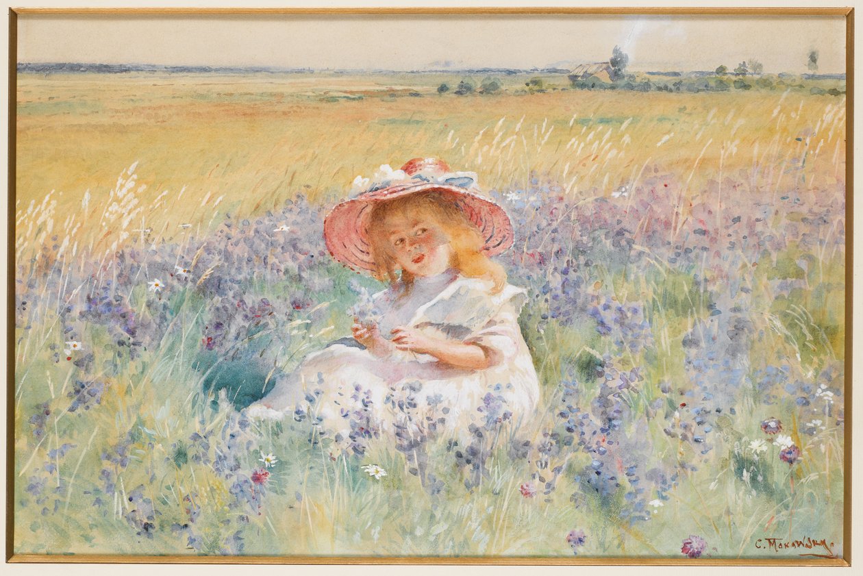 A Young Girl in a Field of Salvia, Oxeye Daisies and Meadow Foxtail by Konstantin Egorovich Makovsky