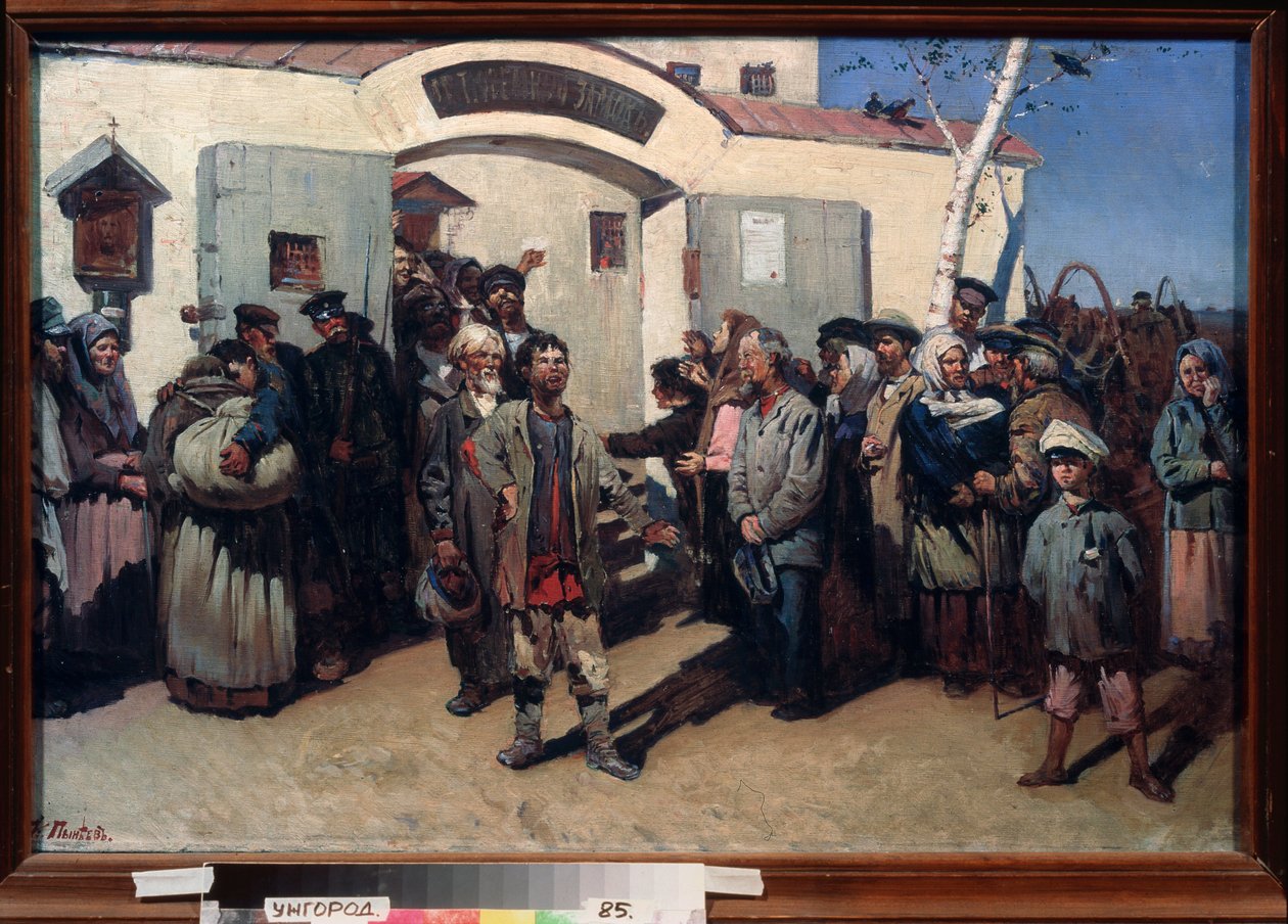 Return to Freedom (Liberation of Prisoners from a Penitentiary, Their Eyes Fixed on the Sky and an Emotional Crowd Awaits Them) (Russian Art) by Konstantin Petrovich Pyneev