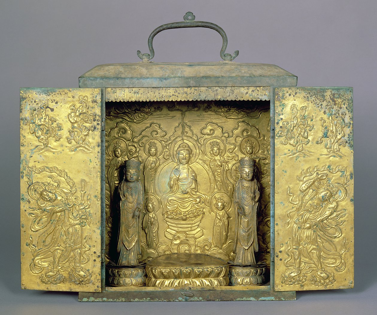 Portable Buddhist Shrine with Two Standing Bodhisattvas, a Buddhist Triad and Guardian Figure, Koryo Dynasty by Korean School