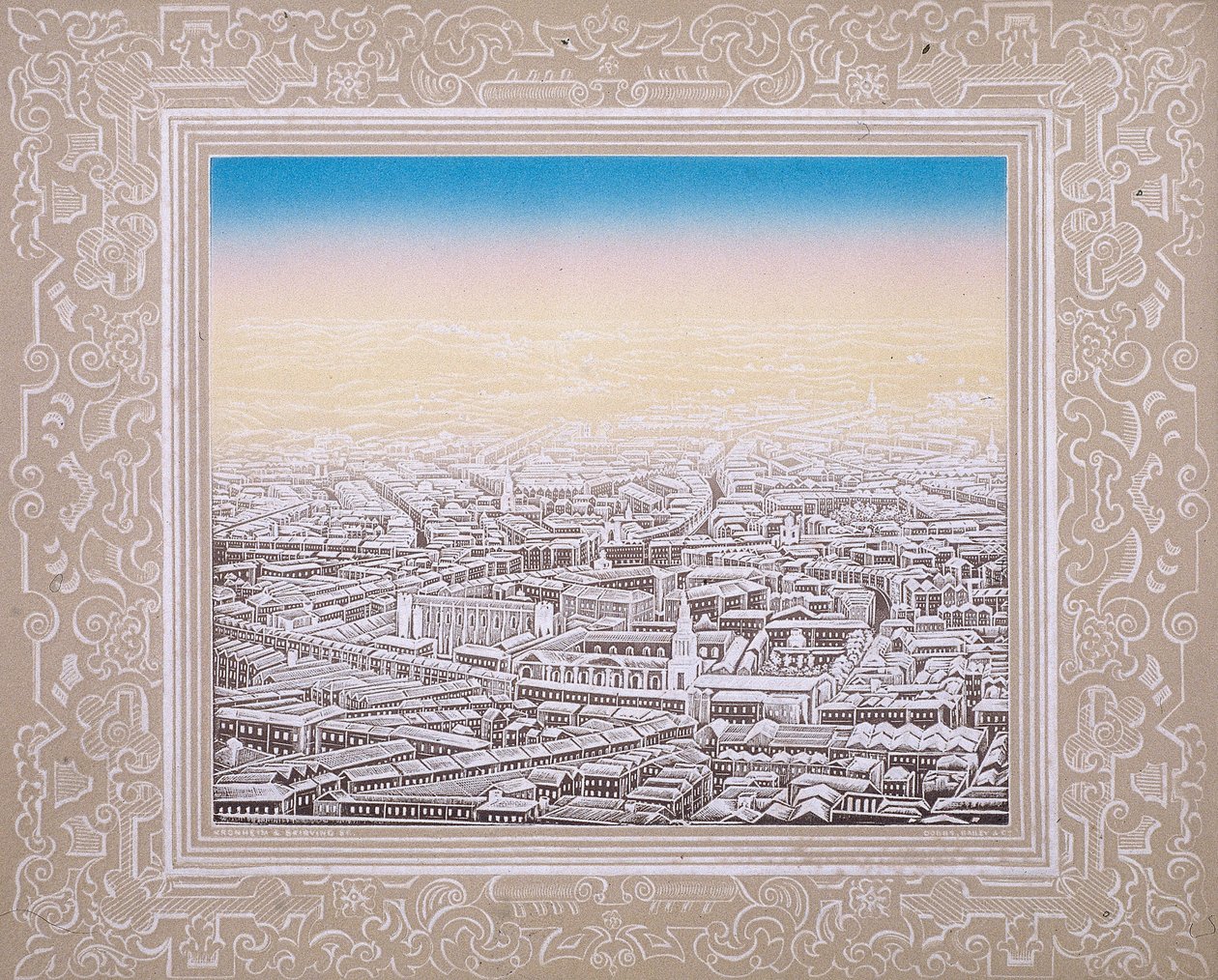 Aerial view of London with decorative border, c. 1845 by Kronheim and Co