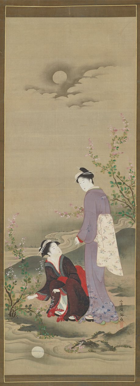 Autumn: Two women gazing at the reflection of the moon by Kubo Shunman