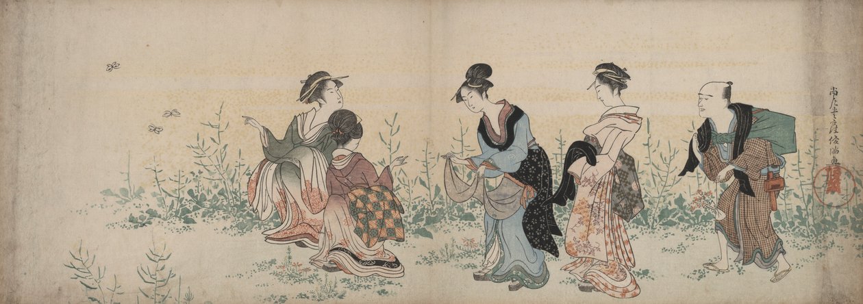 Four Girls and a Servant Enjoying Wild Flowers and Butterflies by Kubo Shunman