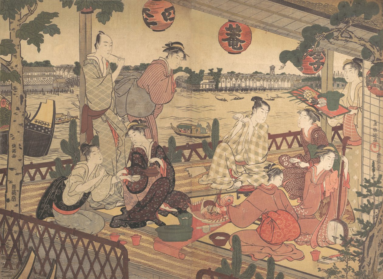 Two Young Men and Several Women Dining at a Tea-house on the Bank of the Sumida River by Kubo Shunman
