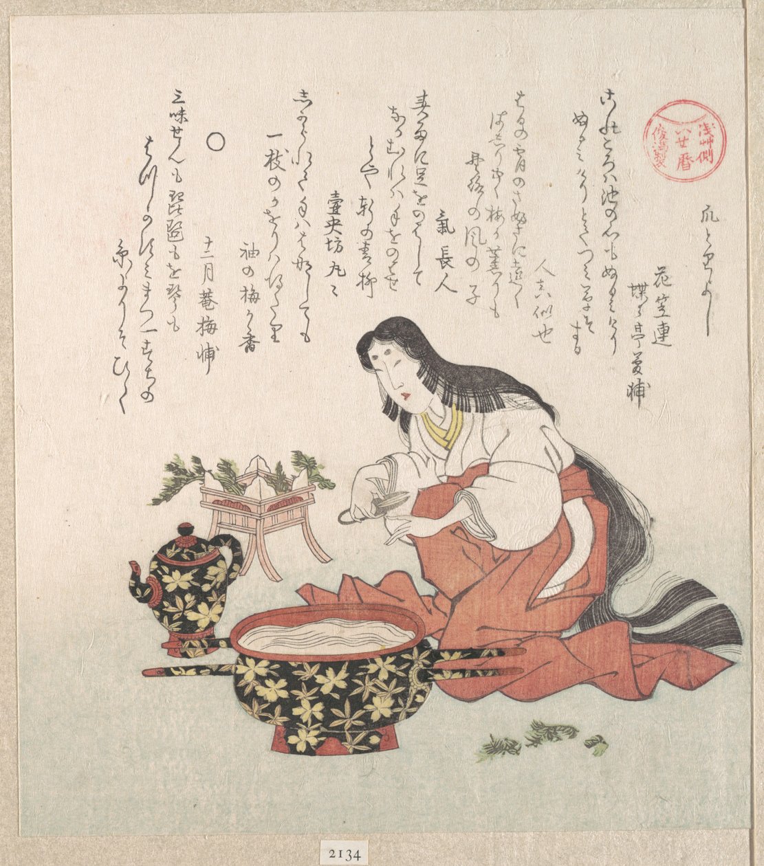Woman Cutting Her Nails after Gathering Herbs by Kubo Shunman