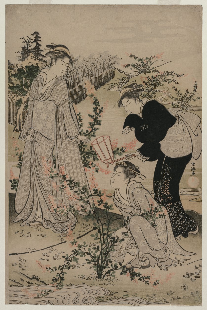 Women Cutting Branches of Bush Clover, The Noji Tama River in Omi Province by Kubo Shunman